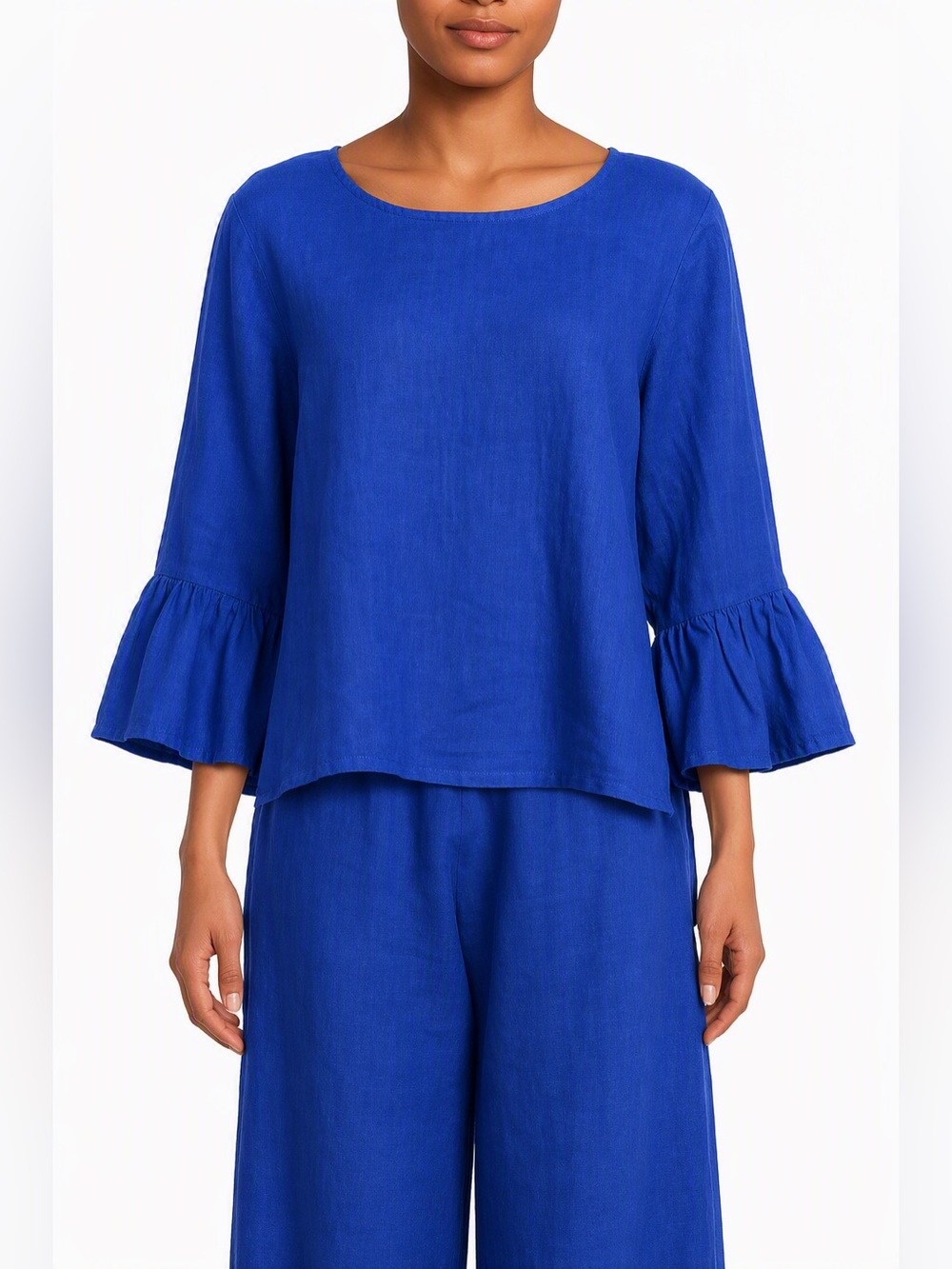 Fran Basic Light Linen Round Neck Ruffle 3/4 Bell Sleeve High-Low Shirt